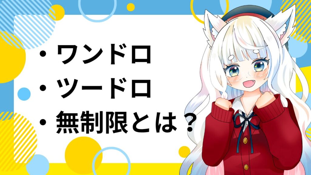 白い髪と狼耳のキャラクターが赤いカーティガンを着て立っているイラスト。背景に青と黄色の模様があり、左側にワンドロ ツードロ 無制限とはと書かれている画像。