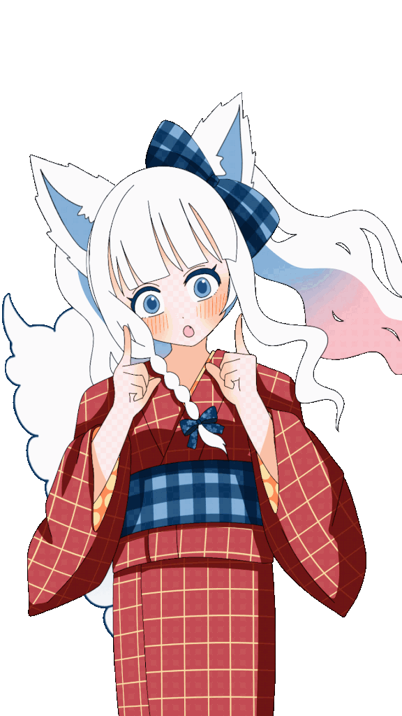 赤いチェック柄の浴衣を着た銀髪のキャラクターが指揮者モーションをしている。青い帯と髪飾り、しっぽが描かれている。